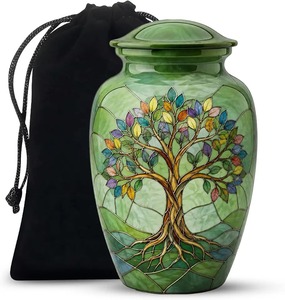 Urna Funeraria de Árbol de la Vida Verde para Cenizas Humanas Adultas, Estilo Vidrio Teñido, Urna Grande de Aluminio con Bolsa de Terciopelo - Product Image 1