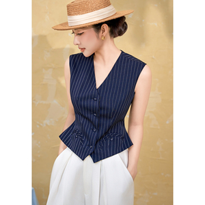 <b>Women's</b> Morden <b>Navy</b> Striped Tailored V Neck Peplum Back Design Vest Office Casual <b>Waistcoat</b> Polyester Spandex Custom Design HIRA - Product Image 4