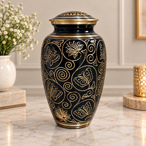 Urna Clásica con Diseño de Mariposa, Metal Negro con Patrón Botánico y Detalles en Dorado, Recuerdo Conmemorativo Decorativo - Product Image 1
