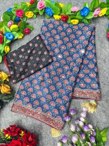 Premium Soft Chinon Silk Ankle-Length Wrinkle-Free Thread Sequins Embroidery Ajrakh Print Stylish Party Wear <b>Saree</b> Unstitched - Product Image 6