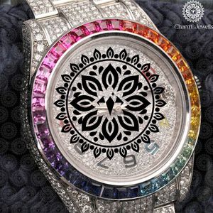 Montre ronde de luxe pour femme Charm_Jewells en acier inoxydable 38 mm, analogique à quartz, avec verre saphir et lunette arc-en-ciel, tendance - Product Image 5