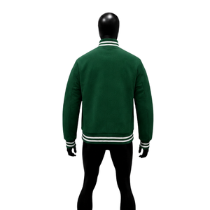 Veste universitaire en laine verte pour homme, veste de baseball personnalisée avec col, poignets et ourlet côtelés à rayures blanches, fermeture à boutons classique - Product Image 2