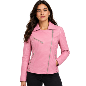 Chaqueta de Motociclista para Mujer, de Cuero Auténtico, Tejida, Transpirable, con Cierre Cruzado, Color Rosa Cereza, para Venta al Por Mayor (OEM) - Product Image 4