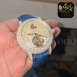 Montre de luxe pour homme avec tourbillon à quartz en moissanite, cadran entièrement serti de diamants, verre saphir, boîtier en acier inoxydable, bracelet en cuir bleu - Product Image 2