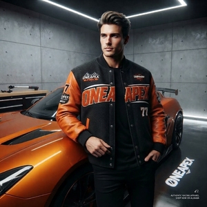 Men's Black Orange <b>Racing</b> <b>Jacket</b> Leather Sleeves Letterman Bomber <b>Jacket</b> Motorsport Streetwear Custom Wholesale - Product Image 3