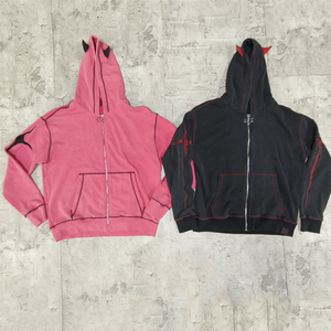 Sudadera con Capucha y Cuernos de Diablo Rosa y Negro, Unisex, con Cierre, Estilo Casual, con Ribete Rojo y Diseño de Bolsillo - Product Image 1