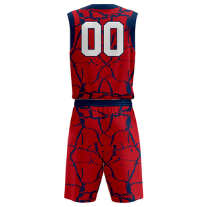 Conjunto de Uniforme de Baloncesto Sublimado Personalizado, Rojo Marino con Patrón Agrietado, Cuello en V, Sin Mangas, Absorbe la Humedad, Unisex para Adultos - Product Image 3