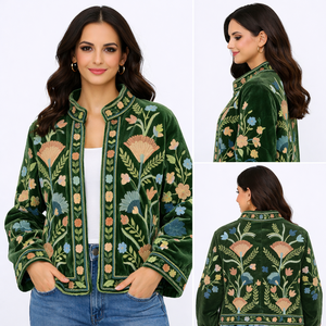 Chaqueta Bomber de Terciopelo con Estampado de Corazones Blancos y Cuello Mao para Mujer, Primavera, Manga Larga, Corte Regular, 100% Algodón Ecológico - Product Image 3
