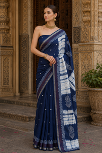Sari en coton bleu indigo traditionnel indien avec imprimé Bandhani, vêtements ethniques pour femmes, sari tie-dye Shibori avec pièce de tissu pour la blouse - Product Image 4
