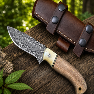 Couteau à lame fixe en acier Damas fait main, pointe tombante, bord droit, manche en bois, couteau de chasse et de camping en plein air - Product Image 1