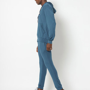 Ensemble de survêtement à capuche pour homme, bleu uni, manches longues, fermeture éclair sur le devant, vêtements décontractés, saison printemps, coupe régulière avec poches latérales - Product Image 2