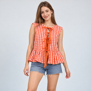 Blusa sin mangas a cuadros naranja para mujer, cuello redondo, lazo frontal, volantes en el bajo, peplum, top de verano - Product Image 1