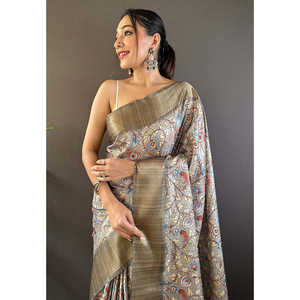 Sari en soie d'Assam gris avec bordure tissée Zari, vêtements indiens et pakistanais par Elite Weaves 500g - Product Image 2
