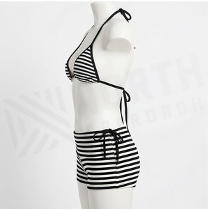 Women's Striped Ribbed <b>Bikini</b> <b>Set</b> Halter Top With Drawstring Shorts Swimwear Two Piece Beachwear - Product Image 3