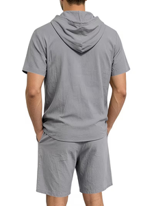Men Solid Color Breathable Knitted Hooded Short Sleeve Shirt Set Button-Up Top Elastic Waist Shorts Casual Summer Outfit - Product Image 5