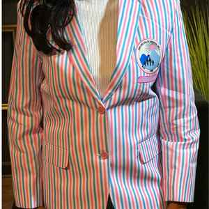 Blazer a Rayas JJoa para Mujer, Blazer con Rayas Rosas y Azules con Parche Bordado, Blazer Elegante y Formal para Uso Casual - Product Image 3