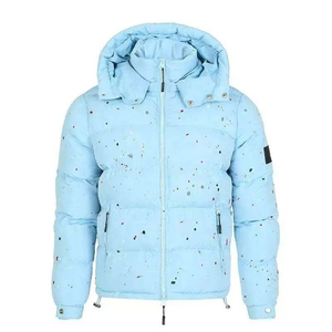 Chaqueta Acolchada con Capucha para Hombre, Diseño de Puntos Azul Claro, Cortavientos, de Poliéster, Informal, para Invierno, con Cierre de Cremallera - Product Image 5