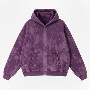Sweat-shirt à capuche zippé pour homme, violet, coupe oversize, décontracté, pour l'automne, en molleton tricoté, couleur unie, avec poches - Product Image 1