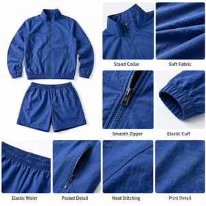 OEM Custom Breathable Men Windbreaker Tracksuit Stand Collar <b>Jacket</b> Matching Shorts for Travel and StreetwearLightweight Crinkle - Product Image 3