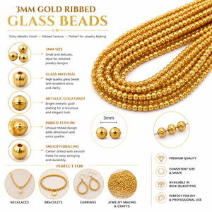 3mm Gold Ribbed Glass Beads for Jewelry Making Round Metallic Trade Beads Craft Supplies Bulk Strand - Product Image 6