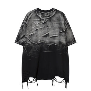 American High Street <b>Tie</b>-dye Hole Cut Design Sense Chain Short Sleeve T-shirt Men Street Trend Hip Hop Loose Half Sleeve - Product Image 1
