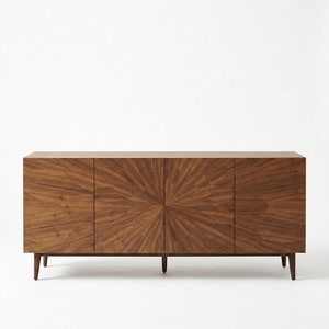Buffet moderne en bois de noyer et teck avec motif incrusté soleil, armoire à 4 portes, console TV, meuble de rangement pour salon - Product Image 1