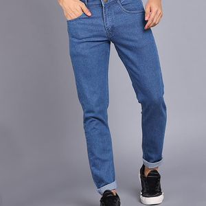 New Stylish Men's Slim Fit Lightweight High <b>Waist</b> Breathable <b>Elastic</b> <b>Waist</b> Casual Straight Denim <b>Jeans</b> 100% Cotton - Product Image 5