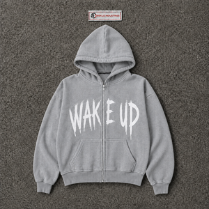Sweat-shirt à capuche gris oversize avec fermeture éclair, imprimé graphique Wake Up, streetwear pour homme, fermeture éclair intégrale, mode urbaine décontractée, coupe hiver - Product Image 5