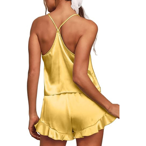 Conjunto de Salón de Satén Amarillo, Camiseta sin Mangas con Cuello en V y Pantalones Cortos, Lencería Sexy de Verano, Color Sólido, Tela Suave, Pijama de Dos Piezas - Product Image 3