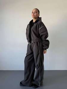 Ensemble jogging en cuir marron sur mesure pour femme, sweat-shirt oversize et survêtement assorti, streetwear décontracté, vente en gros - Product Image 3