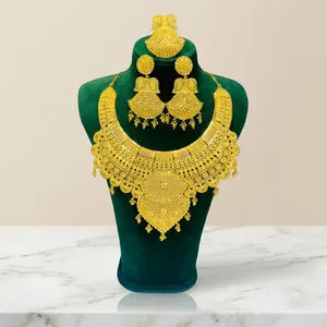 Juego de collar nupcial africano chapado en oro de 18 quilates |   Piedras Naturales Estilo Dubái, Joyería de Boda de Lujo Chapada en Oro para Mujer - Product Image 3