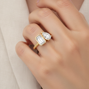 Современное кольцо «Ту-э-Му» с полным ободком, изумрудом и круглыми выращенными бриллиантами, 14-каратное золото, два камня, на заказ, для женщин, сертификат IGI - Product Image 4