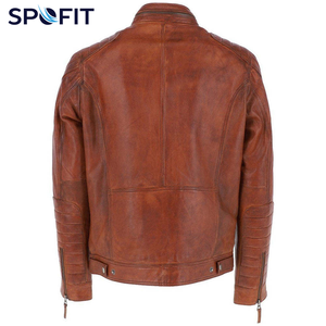 Chaqueta de Cuero Marrón para Hombre SPOFIT, Estilo Motero, Cuello Alto, Cierre de Cremallera, Corte Regular, para Otoño - Product Image 3