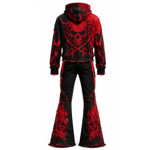 Chándal gótico con capucha para hombre, de corte holgado y largo, para otoño, con estampado de calavera con llamas en negro y rojo, con bolsillos laterales y cierre de cremallera - Product Image 3