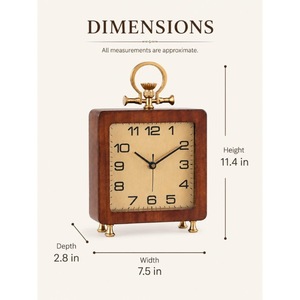 Horloge de bureau carrée en bois avec accents en laiton, mouvement à quartz, fonctionne à piles, affichage à aiguilles, design traditionnel, silencieuse, sans tic-tac - Product Image 2