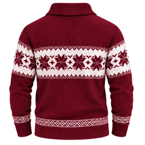 Suéter de Punto para Hombre, Color Borgoña, Diseño Fair Isle, Cuello Chal con Botones, Patrón de Letras Blancas, Manga Larga, Invierno, 100% Algodón - Product Image 2