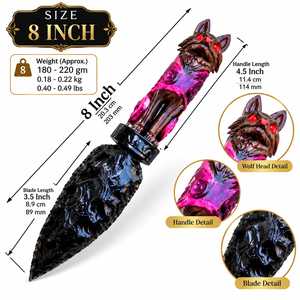 Cuchillo Ritual Athame de Obsidiana Negra, Mango de Lobo de 8 Pulgadas, Decoración Gótica para Altar, Coleccionable Wiccano de Arcilla Polimérica Rosa - Product Image 6