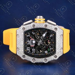 Luxury Men's Quartz Watch With Rhinestone Case Yellow Silicone Band <b>Chronograph</b> Analog Display Stainless Steel Case 42mm - Product Image 4