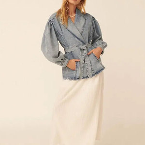 Veste en jean pour femme, col mandarin, fermeture à bouton unique, printemps, coton, longueur normale, imprimé léopard vieilli - Product Image 1