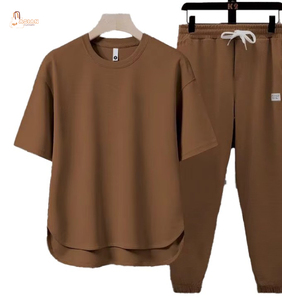 Ensemble deux pièces décontracté pour homme, couleur unie, t-shirt à col rond à manches courtes, pantalon long en tricot respirant, vêtements d'été - Product Image 1
