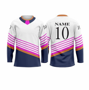 Camiseta de Hockey sobre Hielo Personalizada, Blanca, Verde y Morada, con Rayas, Cuello en V, Manga Larga, Impresión Sublimada, Absorbe la Humedad, Ropa para Hombre - Product Image 4