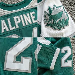 Premium Green and White Mountain Graphic Ice Hockey Shirt Long Sleeve Soccer Jersey Custom Team Uniform Lace Up Collar Number 24 - Product Image 3