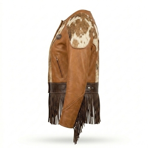 <b>Collarless</b> Cowhide Hair On Hide <b>Womens</b> Fringe Leather <b>Jacket</b> Western Style Tan Brown Panel Cropped Peplum Riding Coat - Product Image 4