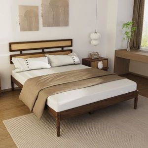 Letto matrimoniale in stile bohémien con testiera in rattan intrecciato, in legno di pino con finitura noce scuro, opzione verniciata disponibile - Product Image 3