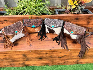 Bolsos cruzados de piel de vaca con flecos de cuero de girasol para mujer, bolso de piedra turquesa de cuero genuino y pelo occidental - Product Image 3