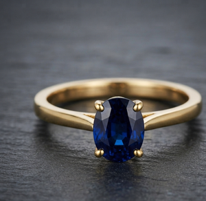 Bague tendance en argent sterling 925 plaqué or avec saphir bleu ovale serti de griffes, cadeau idéal pour un anniversaire de mariage pour femme - Product Image 1