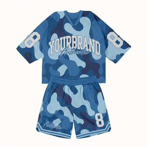 Ensemble short et maillot en jersey polyester mesh 260 GSM bleu gris avec logo personnalisé par sublimation pour homme - Product Image 3