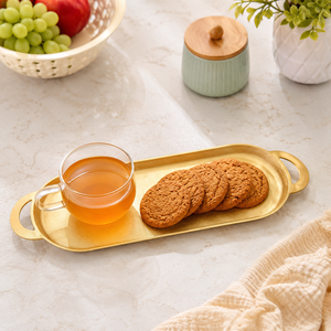 Plateau de service moderne en aluminium de qualité supérieure, finition dorée métallique, poignée décorative ovale, accent de cuisine, décoration intérieure 23x6.5 - Product Image 5