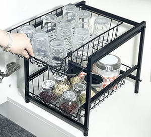 OEM/ODM Vietnam Double Layer Dish Drying Rack Metal Under Sink Organizer with Fruit <b>Vegetable</b> Storage Basket Shelf - Product Image 5