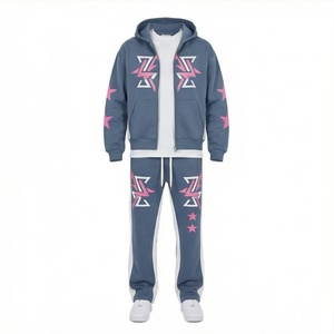 Unisex Blue <b>Tracksuit</b> With <b>Pink</b> Geometric Print Hooded Zipper Full Length Casual Sportswear For Adults Autumn Wear - Product Image 1
